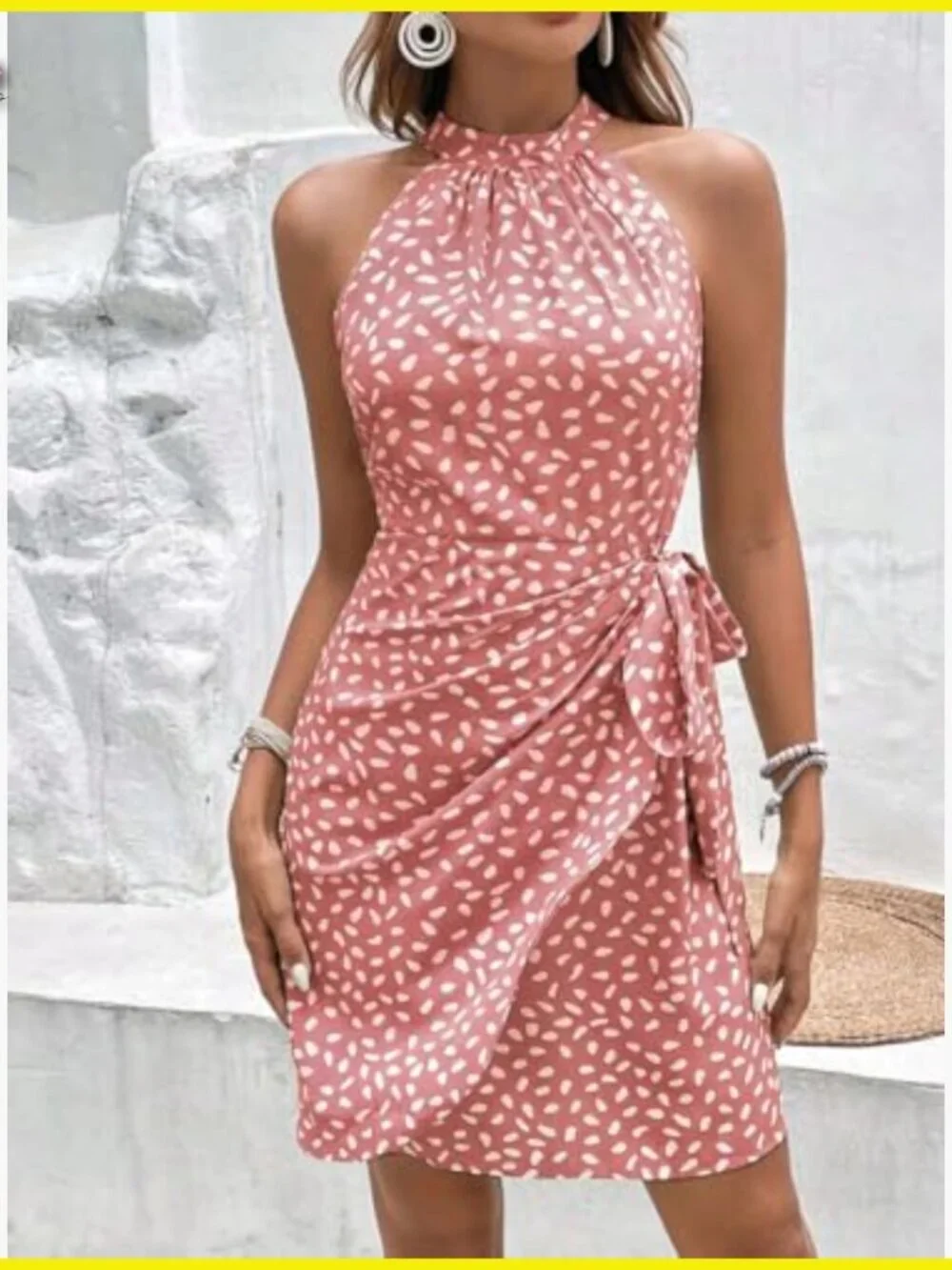 Dot Print Halter Neck Sundress Casual Zipper Back Tie Waist Summer Dress